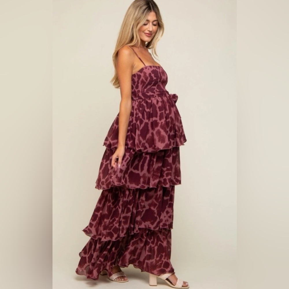 Pinkblush burgundy ruffle tiered smocked top maxi dress nwot